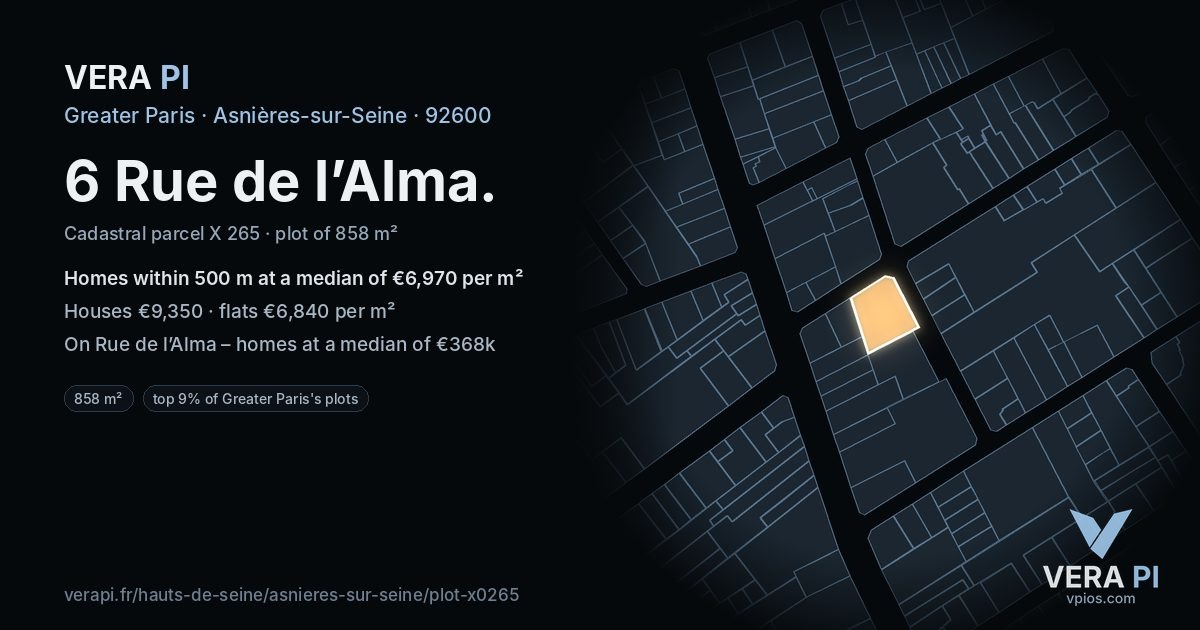 6 Rue de l’Alma, Asnières-sur-Seine at night – the plot lit, the parcels around coloured by the prices near them