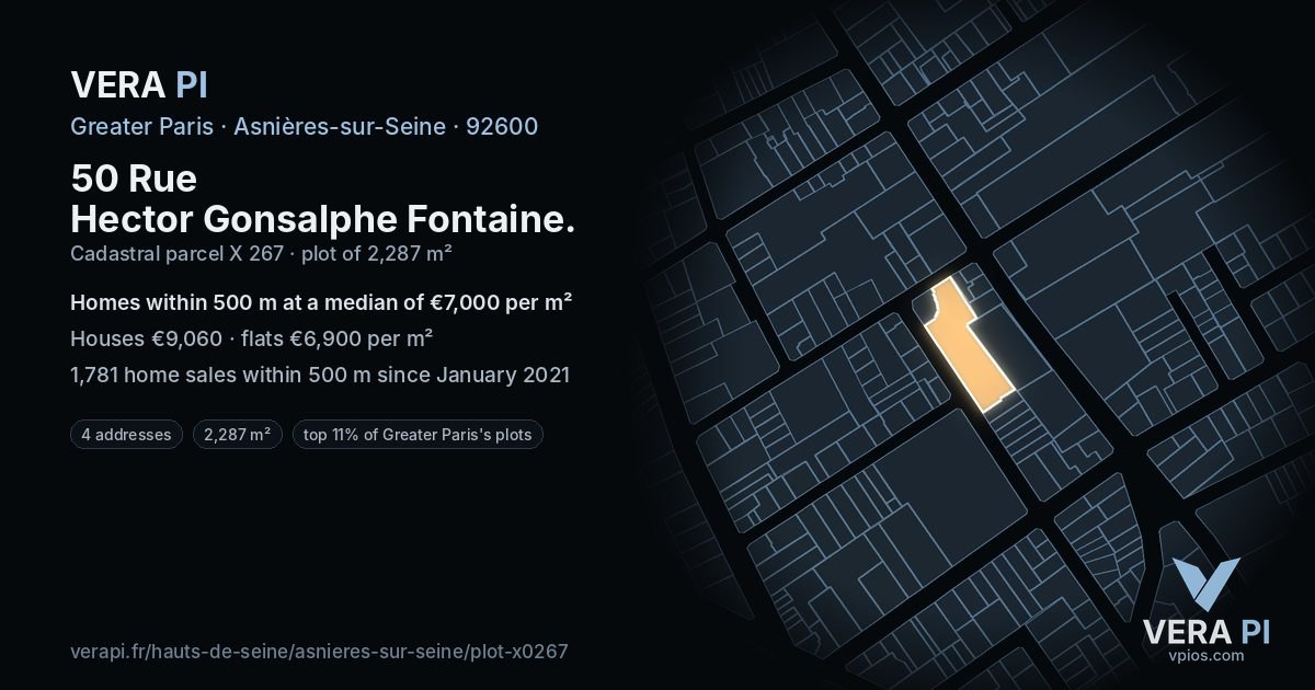 50 Rue Hector Gonsalphe Fontaine, Asnières-sur-Seine at night – the plot lit, the parcels around coloured by the prices near them