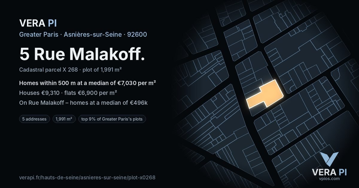 5 Rue Malakoff, Asnières-sur-Seine at night – the plot lit, the parcels around coloured by the prices near them