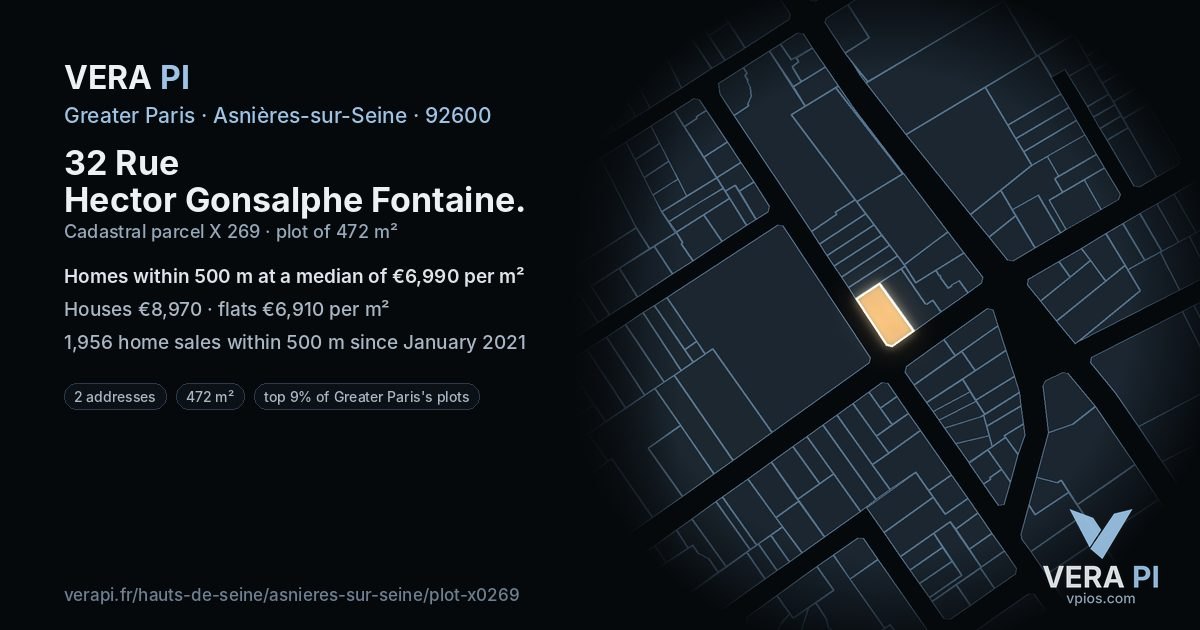 32 Rue Hector Gonsalphe Fontaine, Asnières-sur-Seine at night – the plot lit, the parcels around coloured by the prices near them