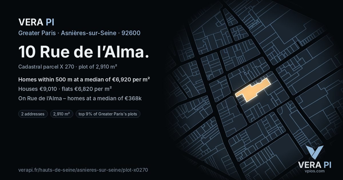 10 Rue de l’Alma, Asnières-sur-Seine at night – the plot lit, the parcels around coloured by the prices near them