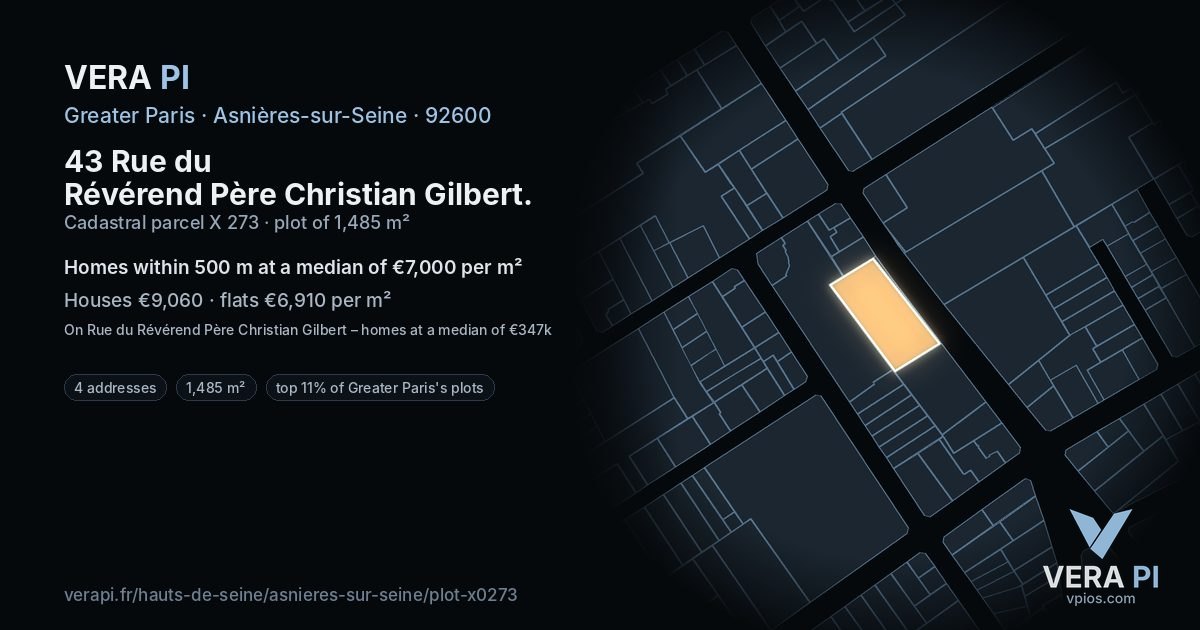 43 Rue du Révérend Père Christian Gilbert, Asnières-sur-Seine at night – the plot lit, the parcels around coloured by the prices near them