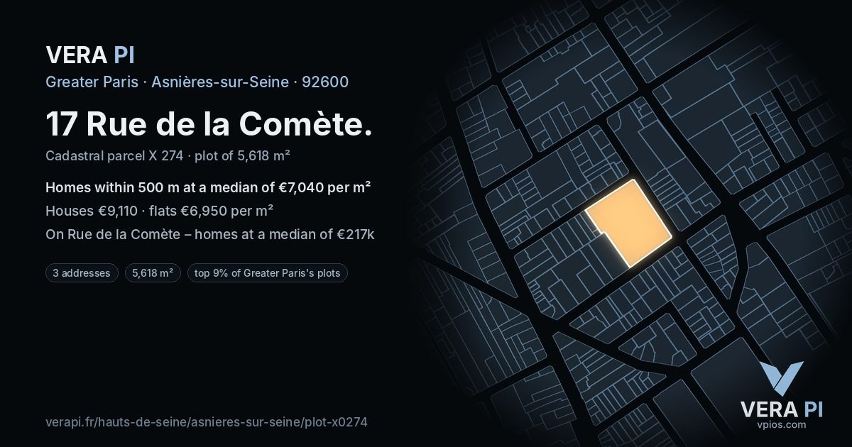 17 Rue de la Comète, Asnières-sur-Seine at night – the plot lit, the parcels around coloured by the prices near them