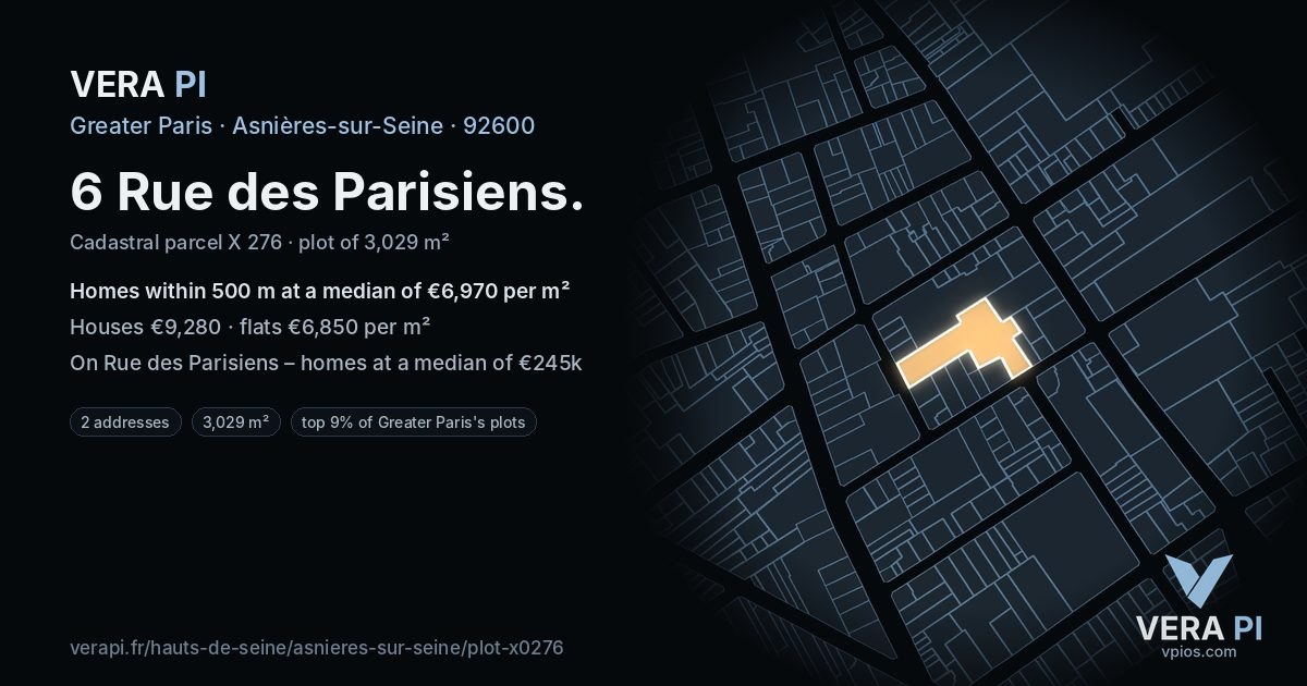 6 Rue des Parisiens, Asnières-sur-Seine at night – the plot lit, the parcels around coloured by the prices near them