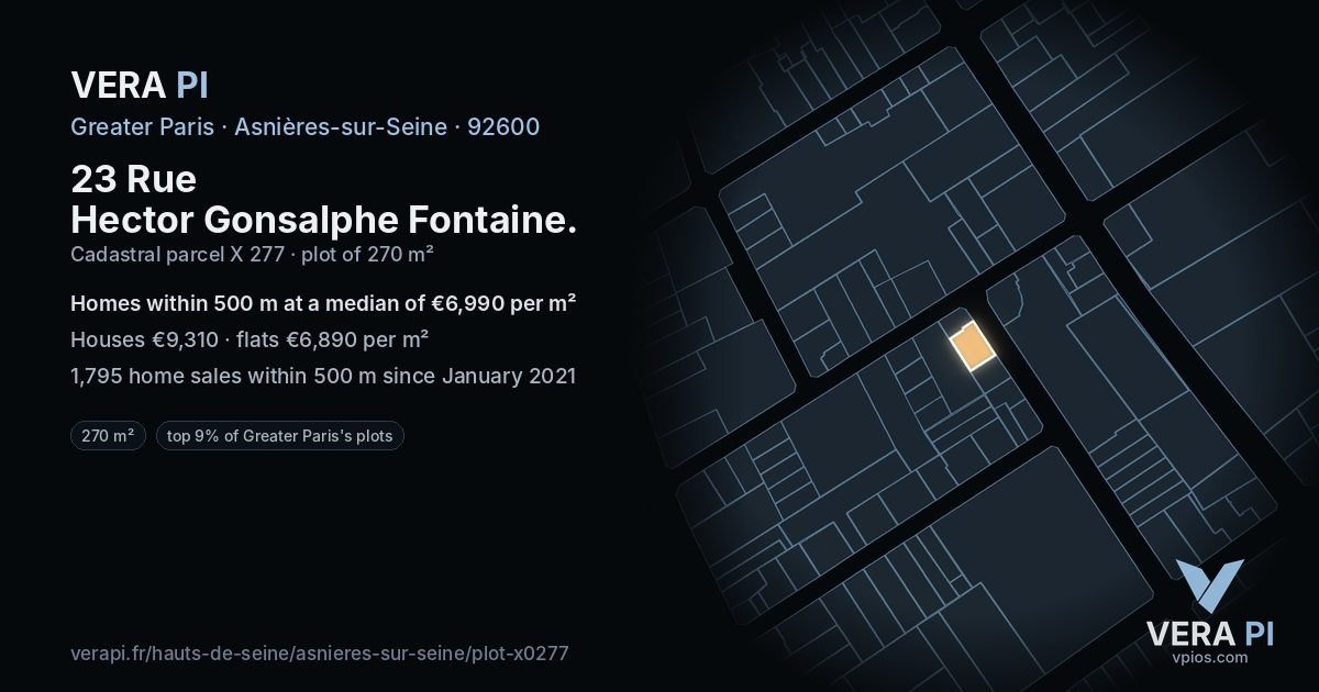 23 Rue Hector Gonsalphe Fontaine, Asnières-sur-Seine at night – the plot lit, the parcels around coloured by the prices near them
