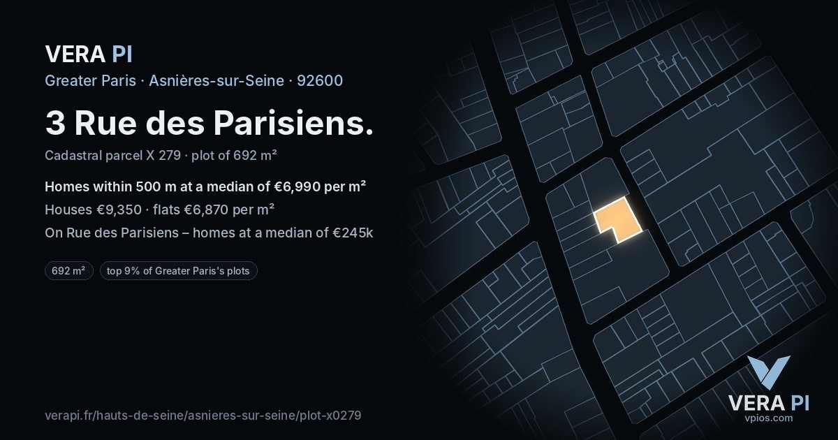 3 Rue des Parisiens, Asnières-sur-Seine at night – the plot lit, the parcels around coloured by the prices near them