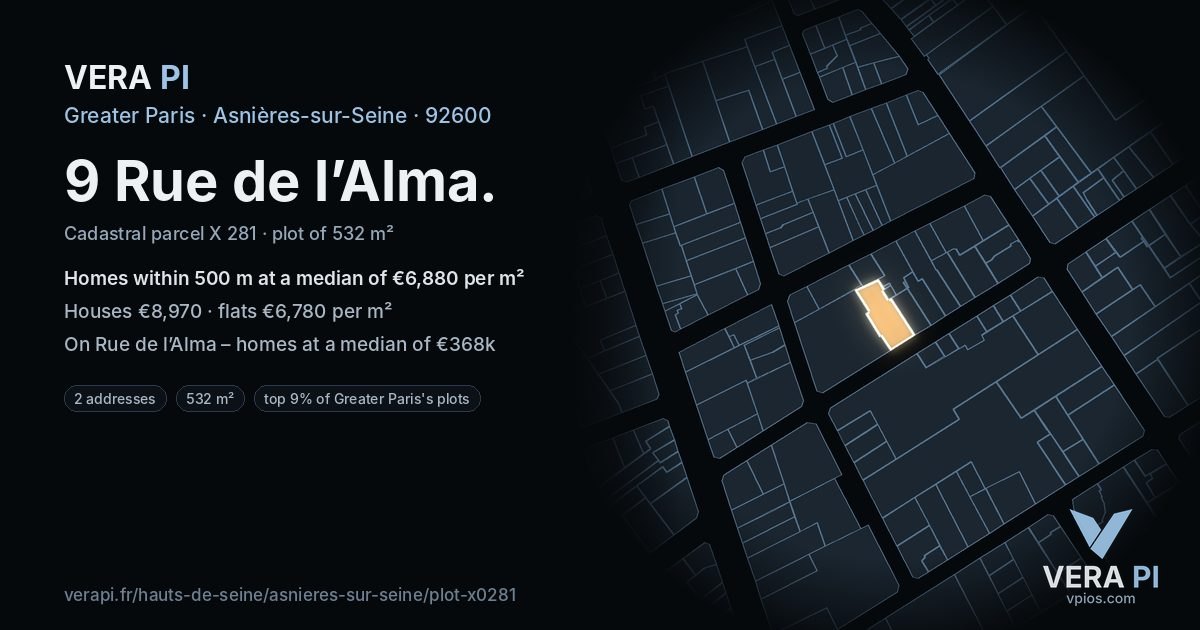 9 Rue de l’Alma, Asnières-sur-Seine at night – the plot lit, the parcels around coloured by the prices near them