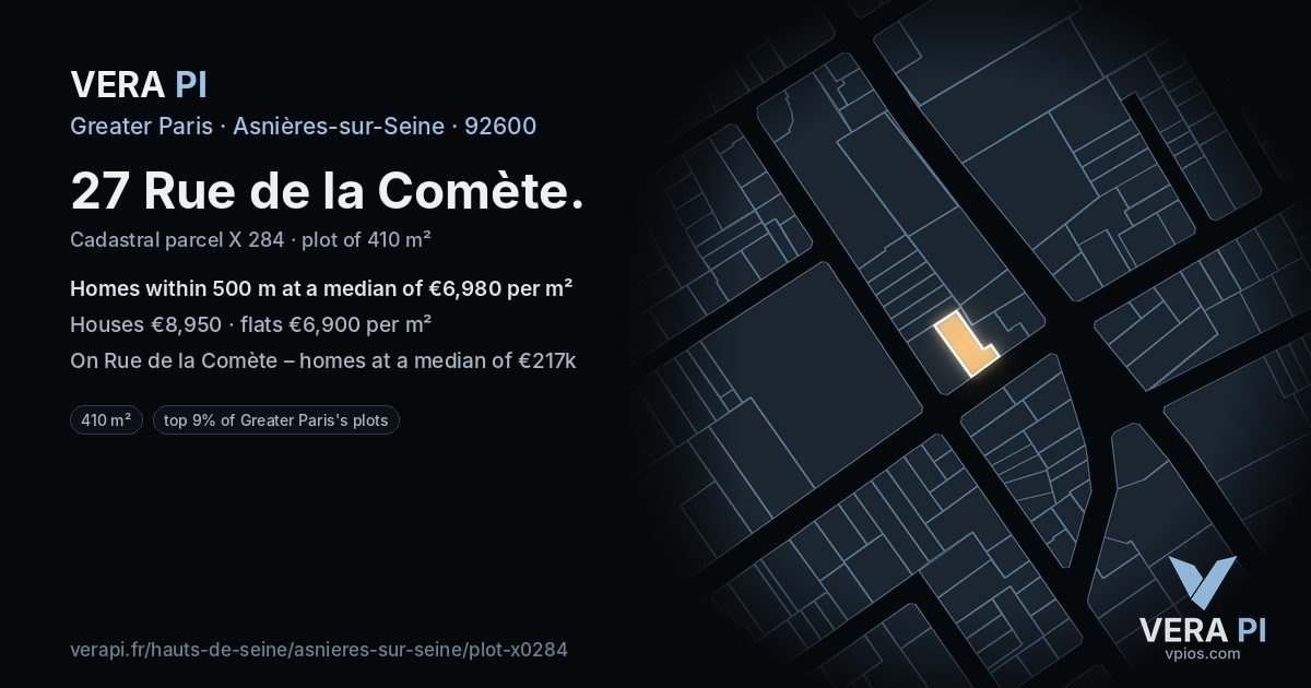 27 Rue de la Comète, Asnières-sur-Seine at night – the plot lit, the parcels around coloured by the prices near them