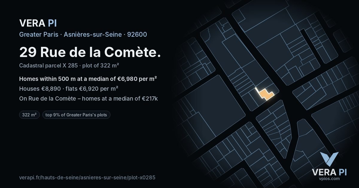 29 Rue de la Comète, Asnières-sur-Seine at night – the plot lit, the parcels around coloured by the prices near them