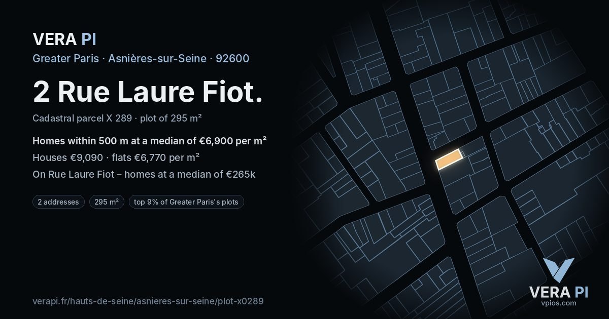 2 Rue Laure Fiot, Asnières-sur-Seine at night – the plot lit, the parcels around coloured by the prices near them