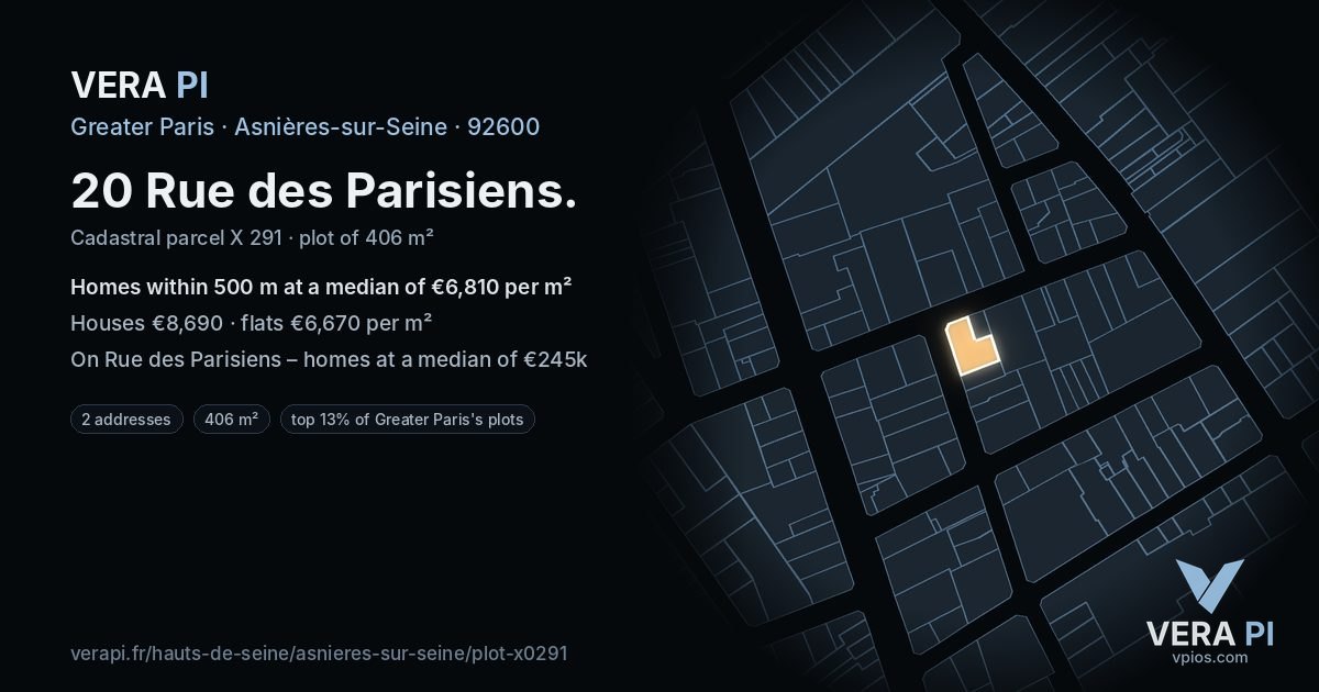 20 Rue des Parisiens, Asnières-sur-Seine at night – the plot lit, the parcels around coloured by the prices near them