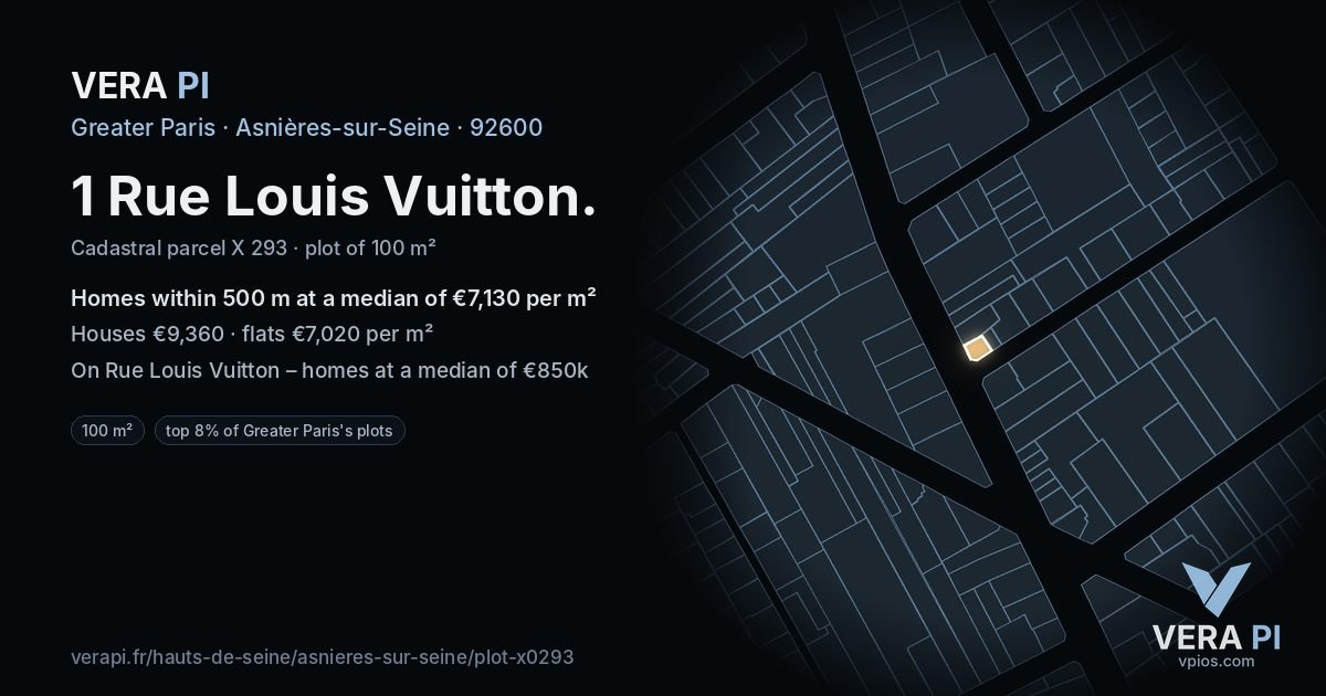 1 Rue Louis Vuitton, Asnières-sur-Seine at night – the plot lit, the parcels around coloured by the prices near them