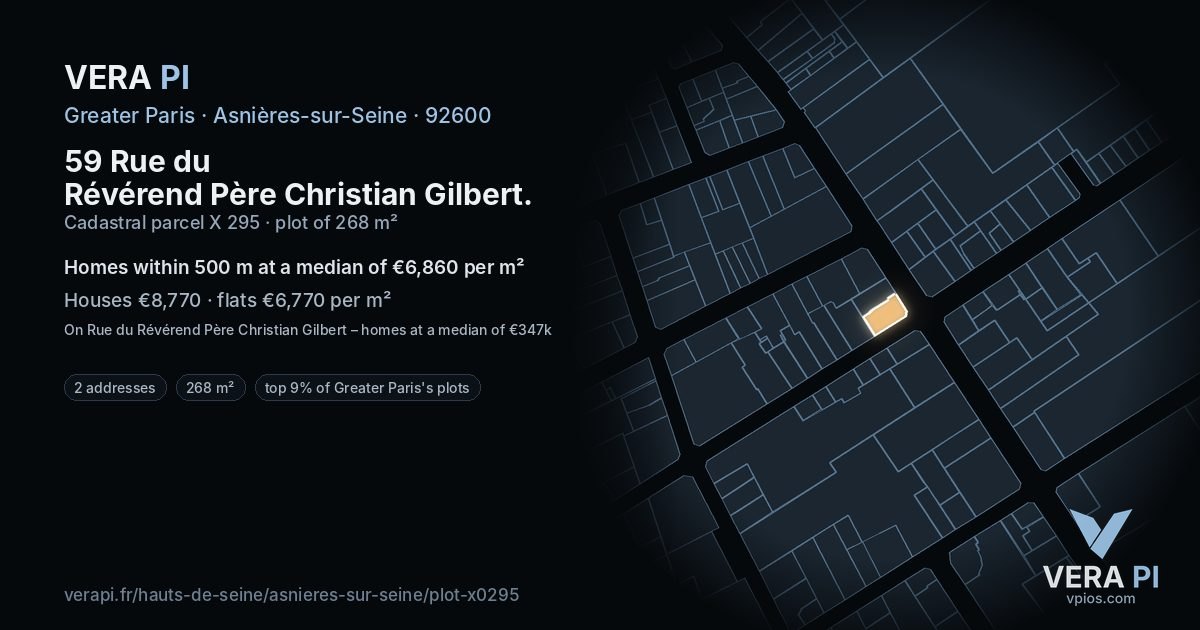 59 Rue du Révérend Père Christian Gilbert, Asnières-sur-Seine at night – the plot lit, the parcels around coloured by the prices near them