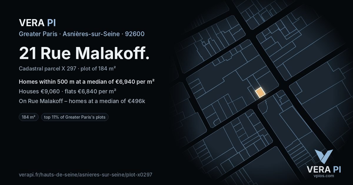 21 Rue Malakoff, Asnières-sur-Seine at night – the plot lit, the parcels around coloured by the prices near them