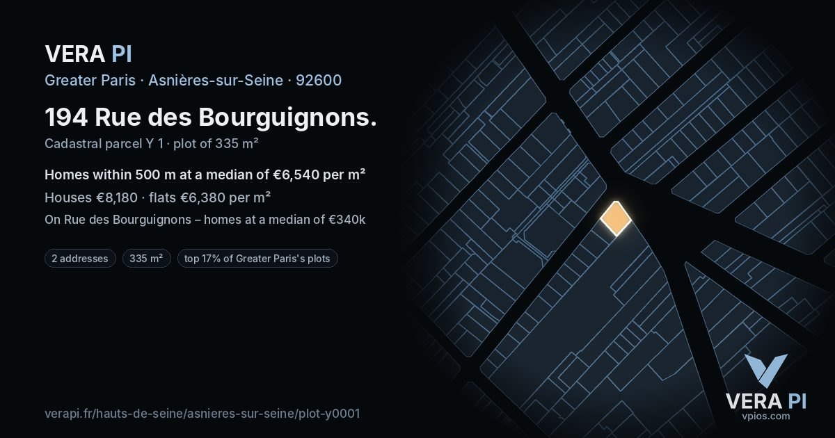 194 Rue des Bourguignons, Asnières-sur-Seine at night – the plot lit, the parcels around coloured by the prices near them