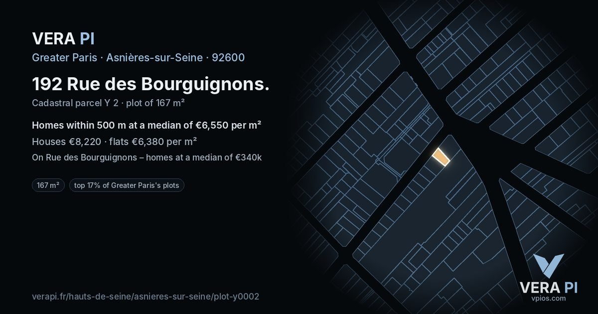 192 Rue des Bourguignons, Asnières-sur-Seine at night – the plot lit, the parcels around coloured by the prices near them
