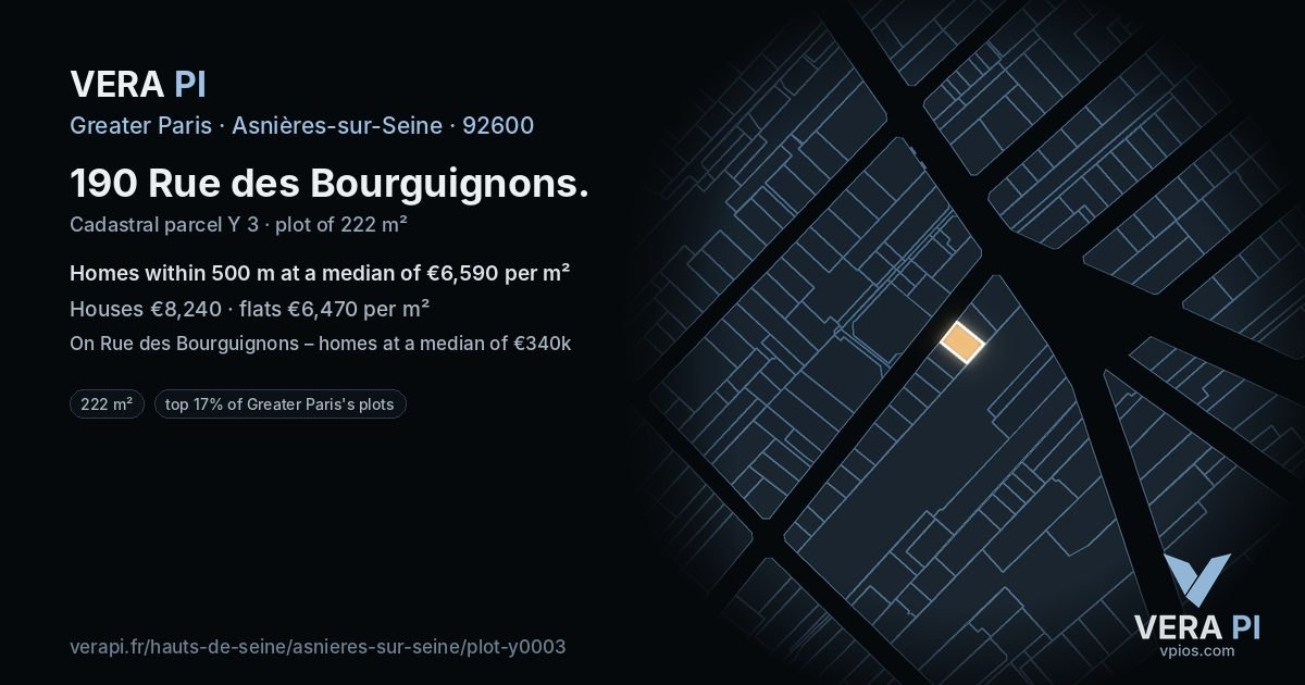 190 Rue des Bourguignons, Asnières-sur-Seine at night – the plot lit, the parcels around coloured by the prices near them