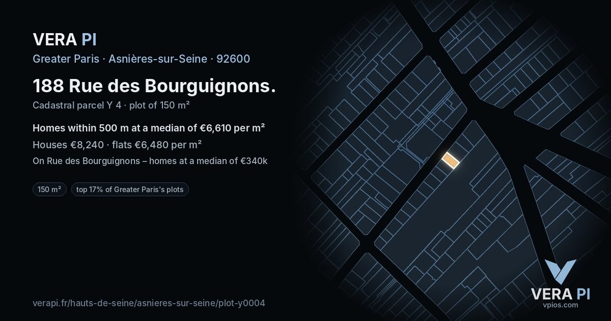 188 Rue des Bourguignons, Asnières-sur-Seine at night – the plot lit, the parcels around coloured by the prices near them