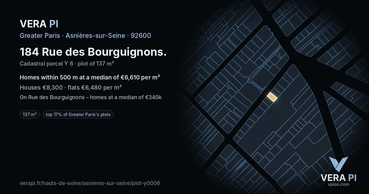 184 Rue des Bourguignons, Asnières-sur-Seine at night – the plot lit, the parcels around coloured by the prices near them