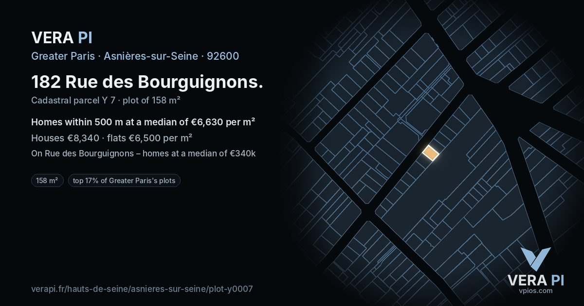 182 Rue des Bourguignons, Asnières-sur-Seine at night – the plot lit, the parcels around coloured by the prices near them