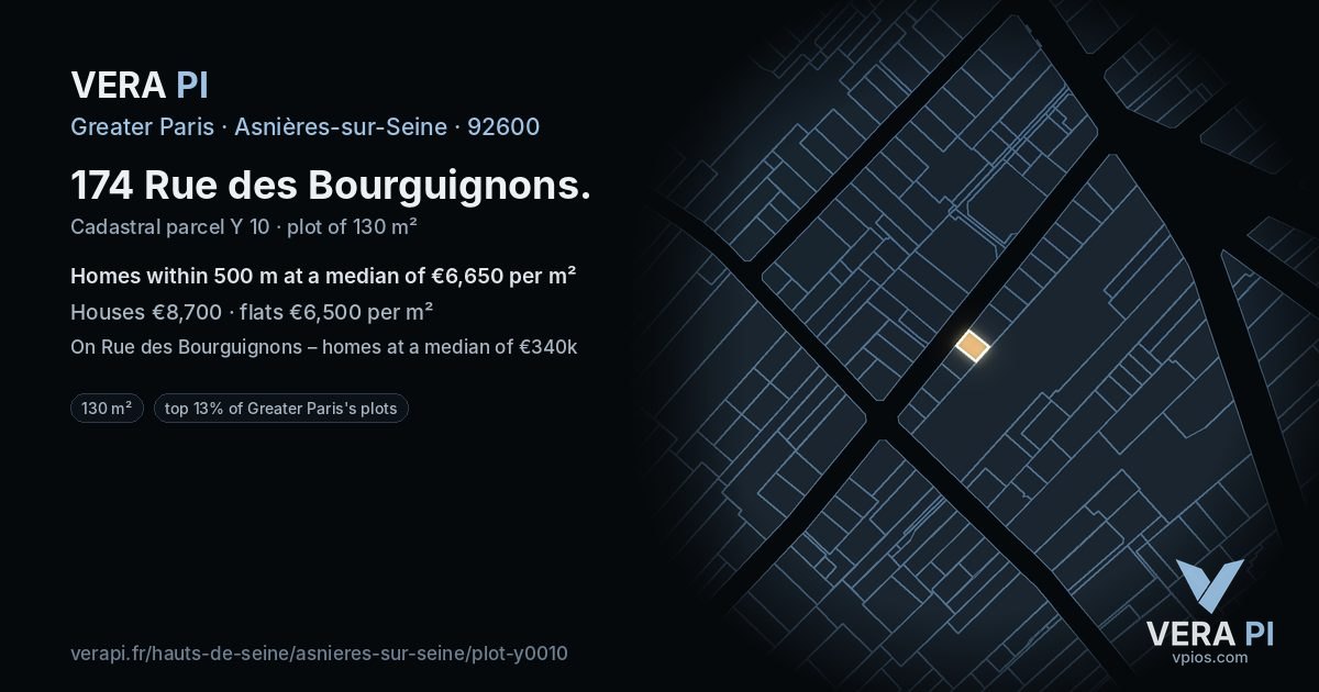 174 Rue des Bourguignons, Asnières-sur-Seine at night – the plot lit, the parcels around coloured by the prices near them