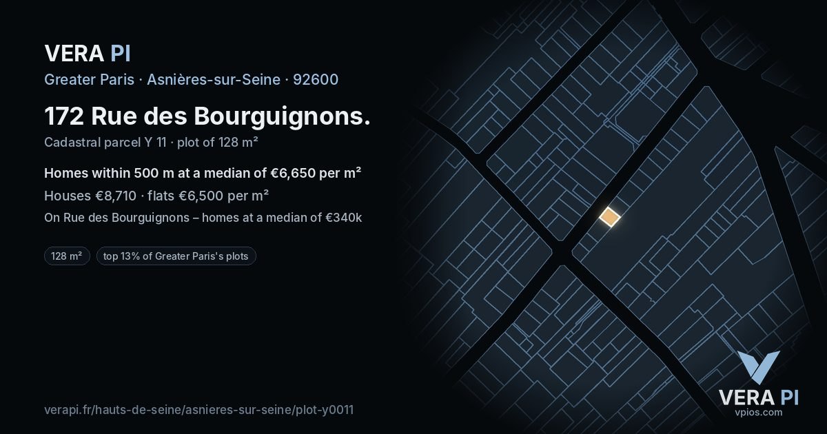 172 Rue des Bourguignons, Asnières-sur-Seine at night – the plot lit, the parcels around coloured by the prices near them