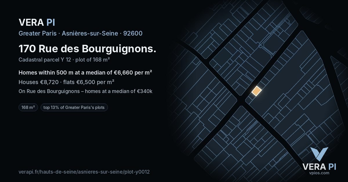 170 Rue des Bourguignons, Asnières-sur-Seine at night – the plot lit, the parcels around coloured by the prices near them
