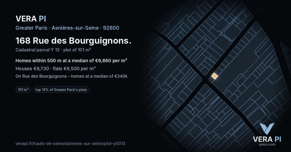 168 Rue des Bourguignons, Asnières-sur-Seine at night – the plot lit, the parcels around coloured by the prices near them