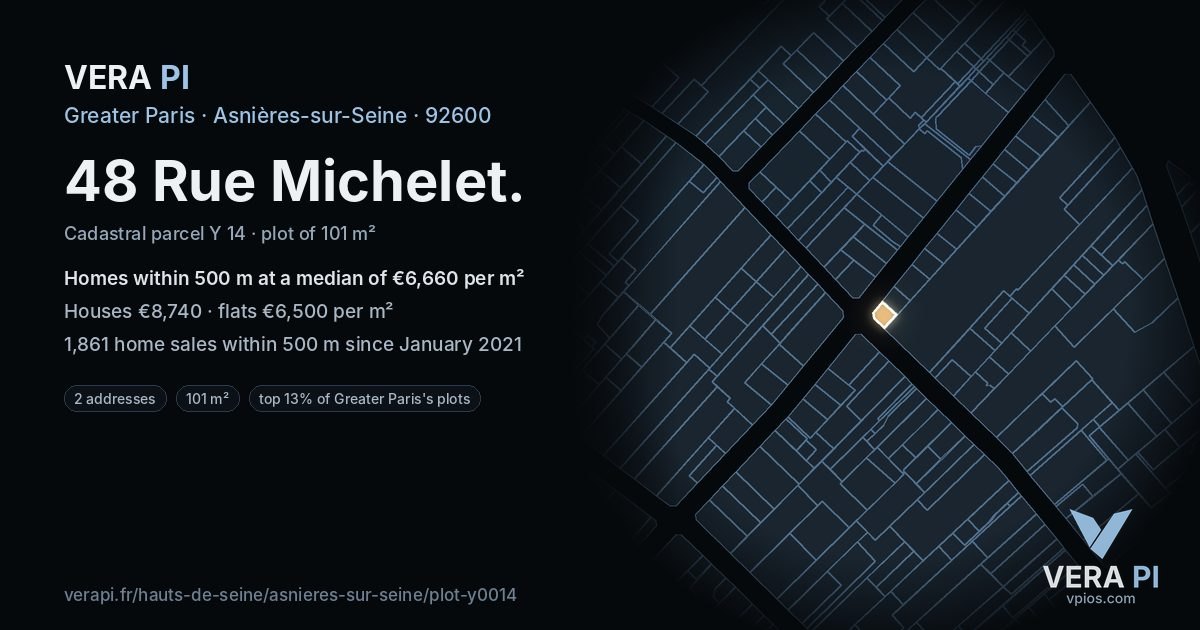 48 Rue Michelet, Asnières-sur-Seine at night – the plot lit, the parcels around coloured by the prices near them