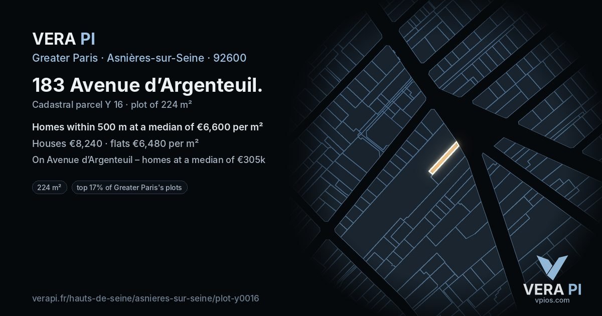 183 Avenue d’Argenteuil, Asnières-sur-Seine at night – the plot lit, the parcels around coloured by the prices near them