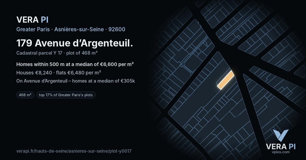 179 Avenue d’Argenteuil, Asnières-sur-Seine at night – the plot lit, the parcels around coloured by the prices near them