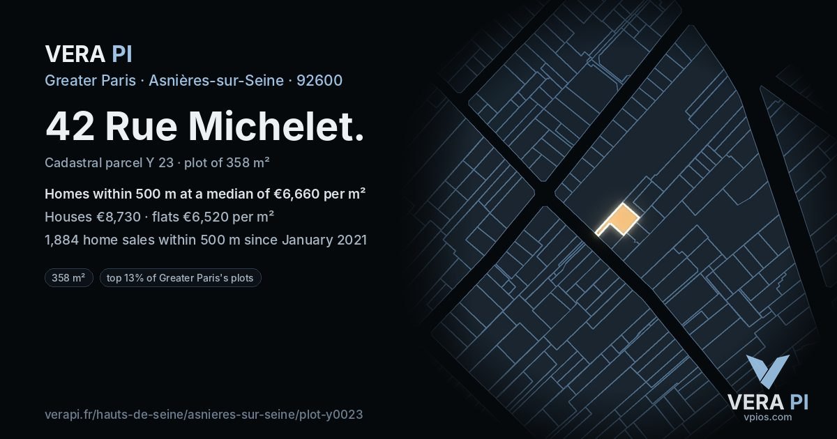 42 Rue Michelet, Asnières-sur-Seine at night – the plot lit, the parcels around coloured by the prices near them