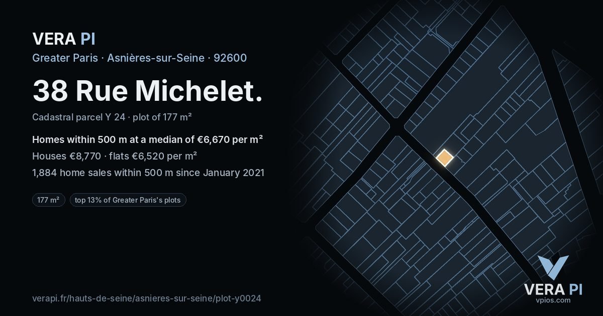 38 Rue Michelet, Asnières-sur-Seine at night – the plot lit, the parcels around coloured by the prices near them