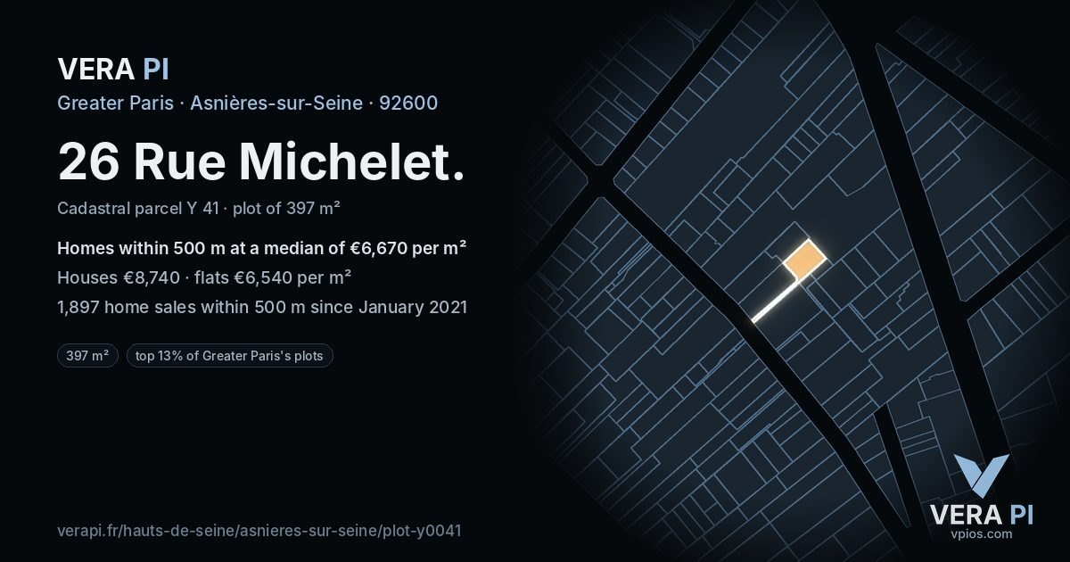 26 Rue Michelet, Asnières-sur-Seine at night – the plot lit, the parcels around coloured by the prices near them