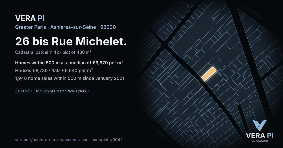26 bis Rue Michelet, Asnières-sur-Seine at night – the plot lit, the parcels around coloured by the prices near them