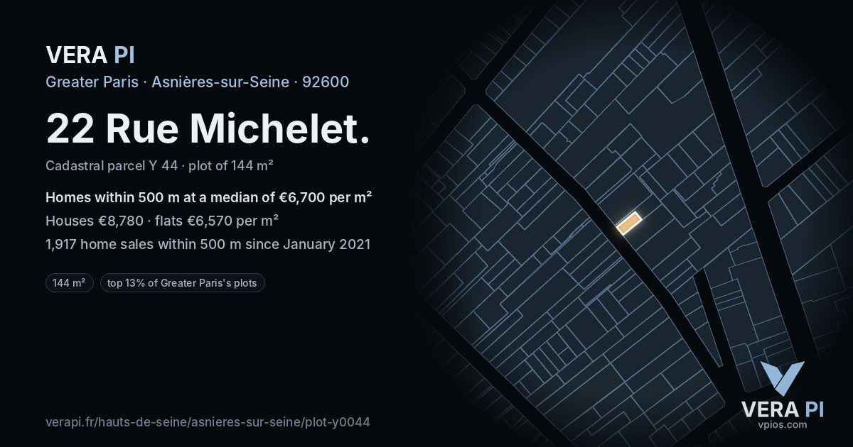 22 Rue Michelet, Asnières-sur-Seine at night – the plot lit, the parcels around coloured by the prices near them