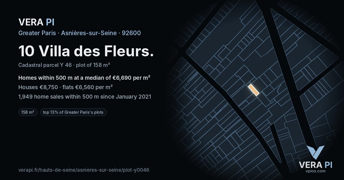 10 Villa des Fleurs, Asnières-sur-Seine at night – the plot lit, the parcels around coloured by the prices near them