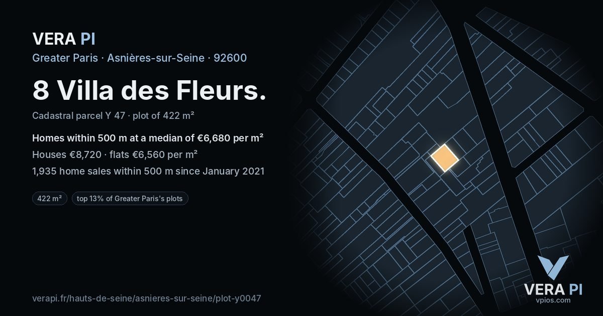 8 Villa des Fleurs, Asnières-sur-Seine at night – the plot lit, the parcels around coloured by the prices near them