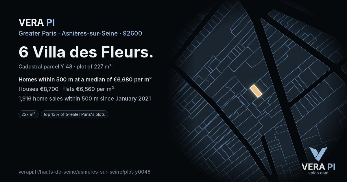 6 Villa des Fleurs, Asnières-sur-Seine at night – the plot lit, the parcels around coloured by the prices near them