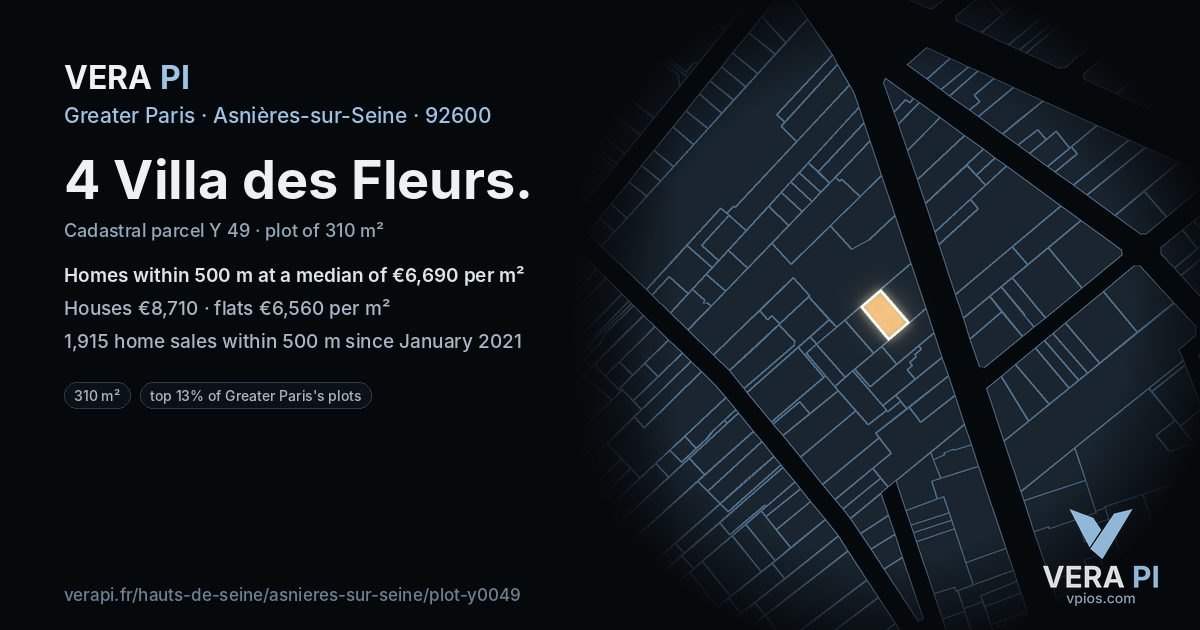 4 Villa des Fleurs, Asnières-sur-Seine at night – the plot lit, the parcels around coloured by the prices near them