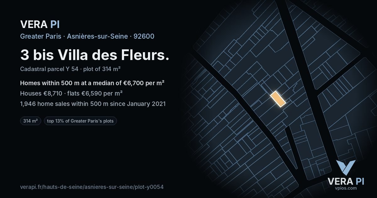 3 bis Villa des Fleurs, Asnières-sur-Seine at night – the plot lit, the parcels around coloured by the prices near them