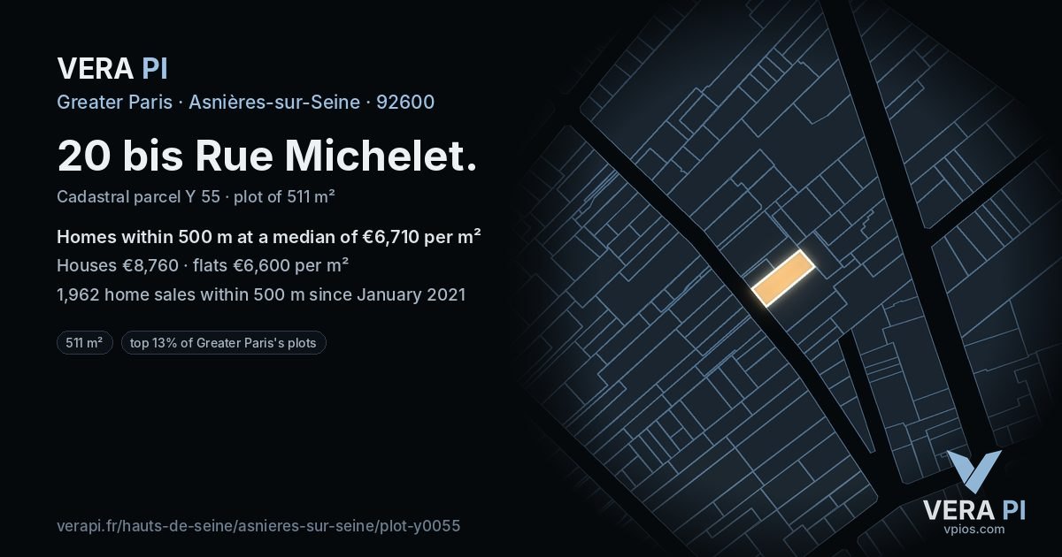20 bis Rue Michelet, Asnières-sur-Seine at night – the plot lit, the parcels around coloured by the prices near them