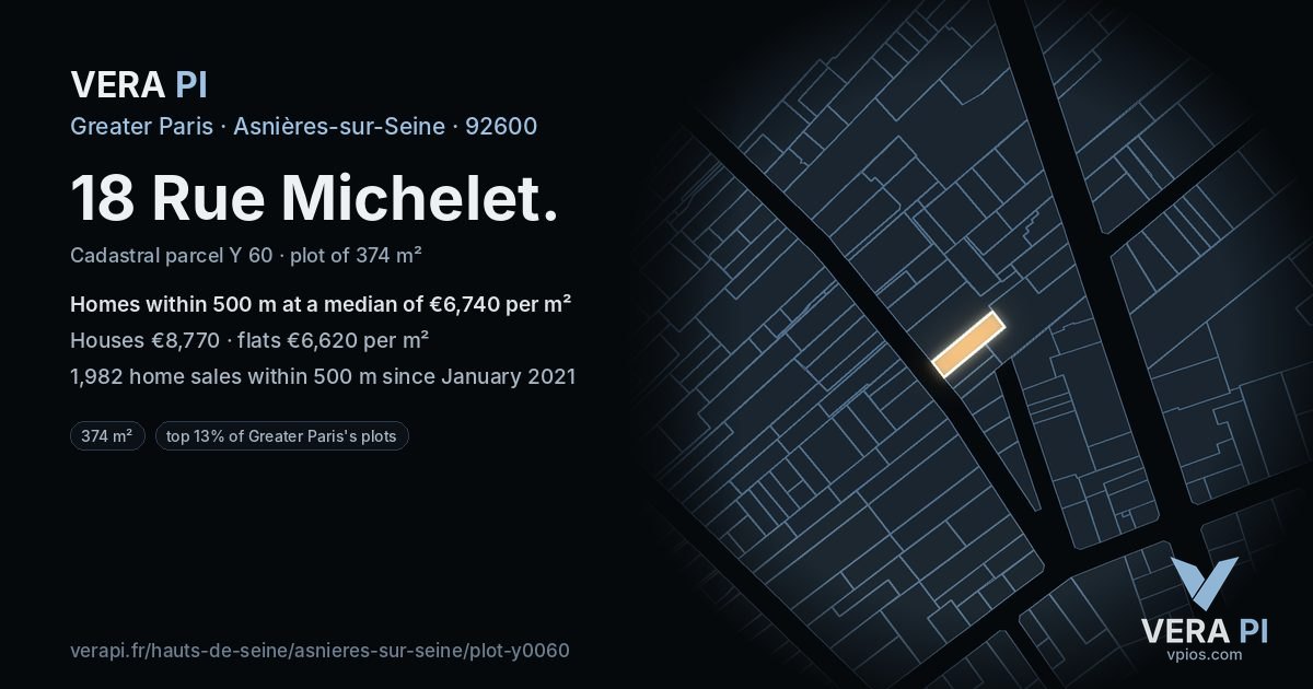 18 Rue Michelet, Asnières-sur-Seine at night – the plot lit, the parcels around coloured by the prices near them