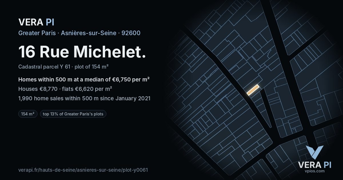 16 Rue Michelet, Asnières-sur-Seine at night – the plot lit, the parcels around coloured by the prices near them