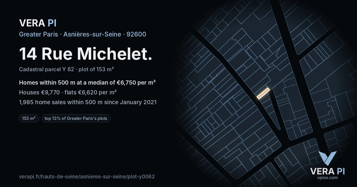 14 Rue Michelet, Asnières-sur-Seine at night – the plot lit, the parcels around coloured by the prices near them