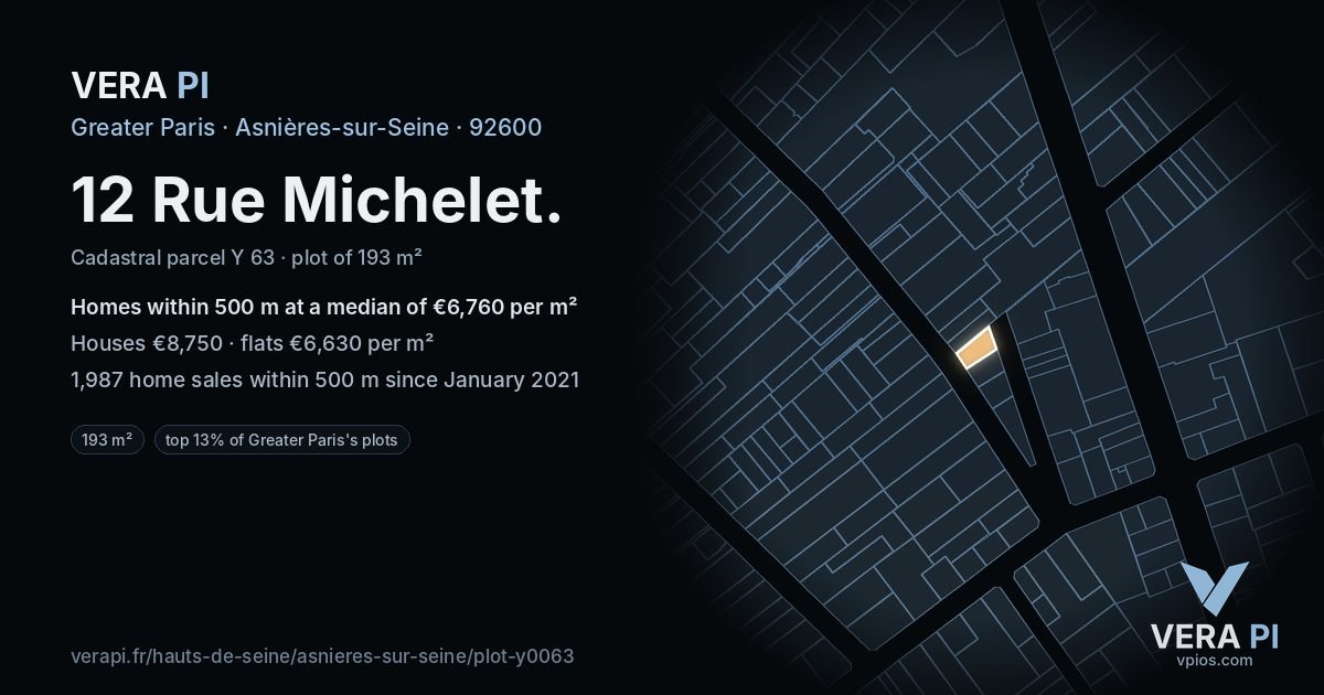 12 Rue Michelet, Asnières-sur-Seine at night – the plot lit, the parcels around coloured by the prices near them