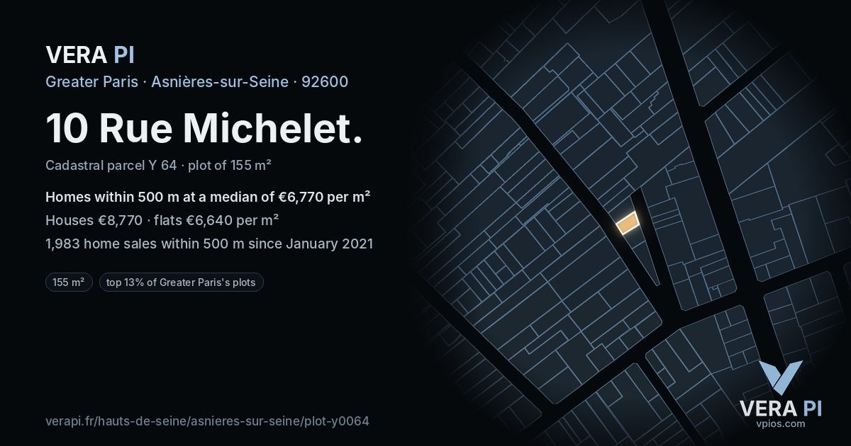 10 Rue Michelet, Asnières-sur-Seine at night – the plot lit, the parcels around coloured by the prices near them