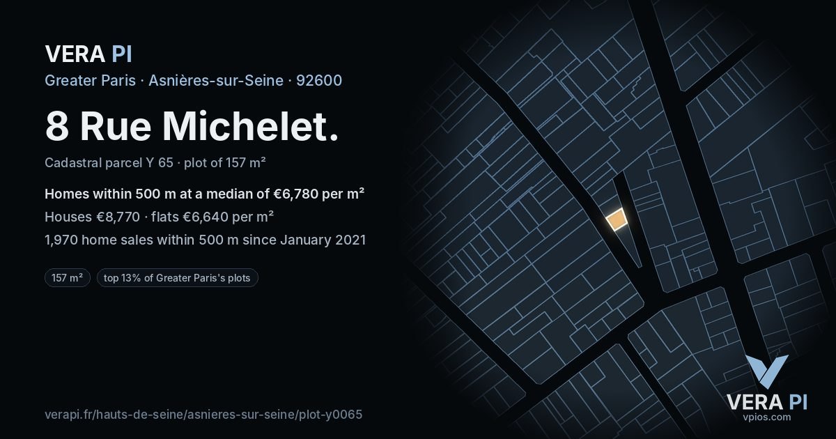 8 Rue Michelet, Asnières-sur-Seine at night – the plot lit, the parcels around coloured by the prices near them