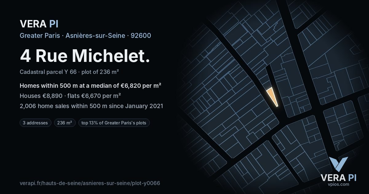 4 Rue Michelet, Asnières-sur-Seine at night – the plot lit, the parcels around coloured by the prices near them