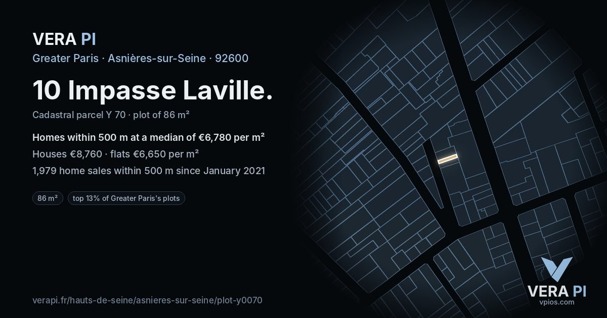 10 Impasse Laville, Asnières-sur-Seine at night – the plot lit, the parcels around coloured by the prices near them